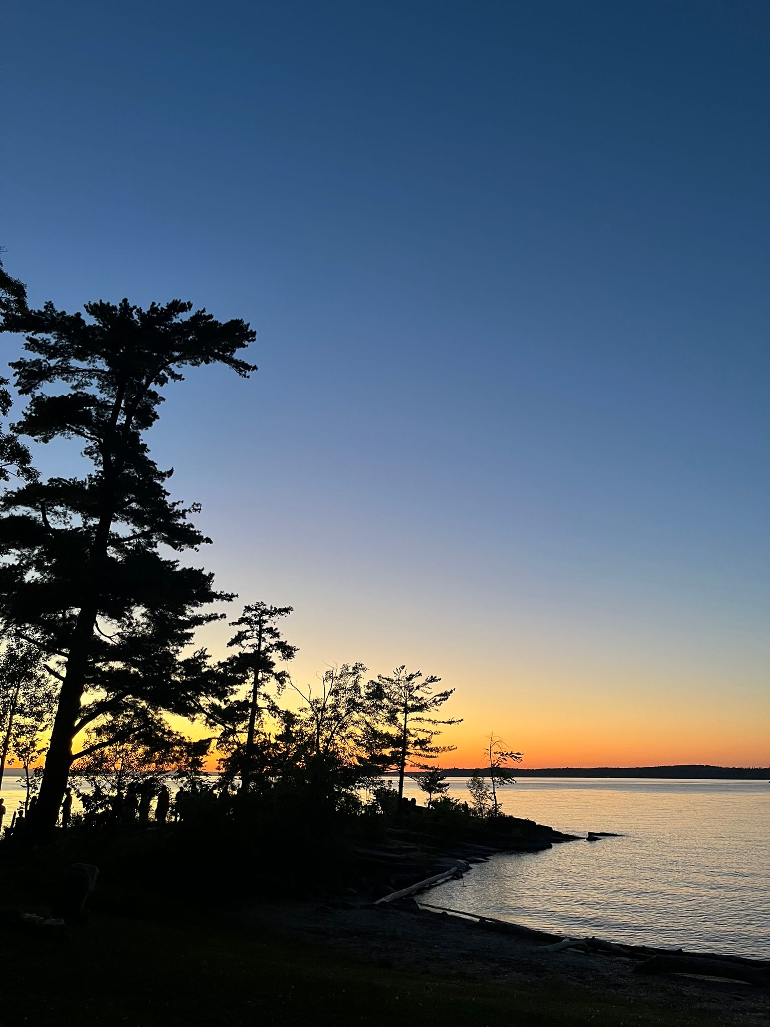The sun sets over a lake. In darkness in the left corner are trees and the lake edge.