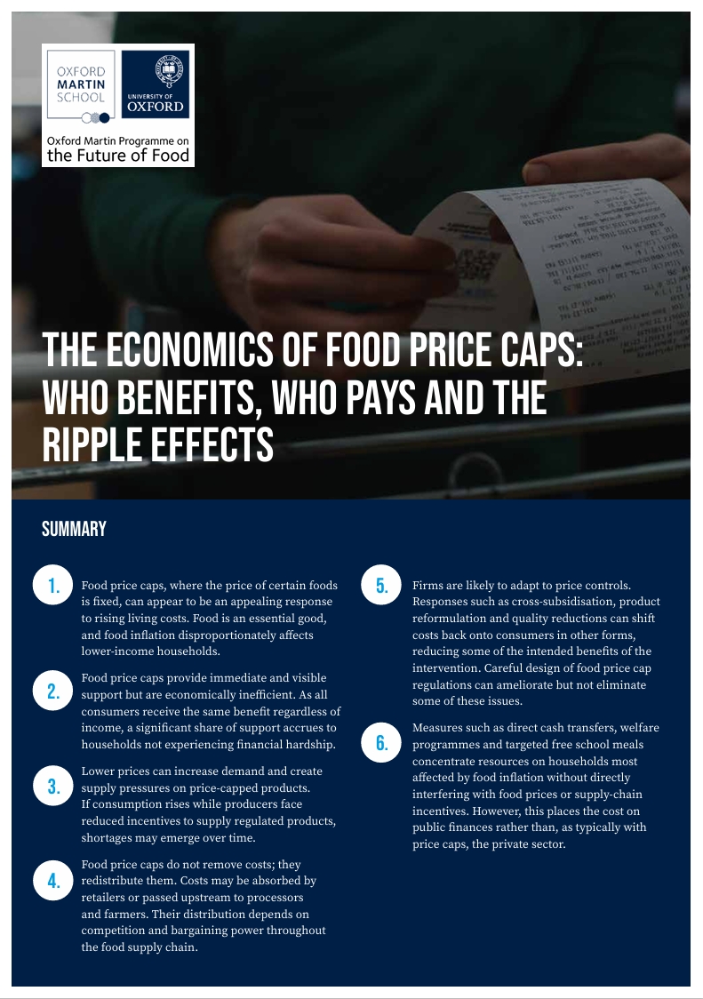 The first page of a briefing titled The economics of food price caps: who benefits, who pays and the ripple effects