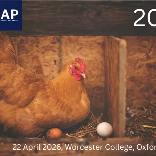 A flyer for a conference. The picture is of a brown chicken sitting on two eggs, one brown, another white, and on straw. The top left has a logo reading LEAP in dark blue. The top right says 2026. Below centre is written 22 April 2026, Worcester College, 