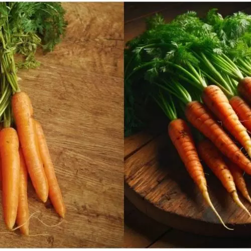 Two images of carrots sit side by side. The image of the left, which shows a bunch of carrots with tops still attached, is taken by a person. The image on the right, which is those same carrots but enhanced, is created by AI