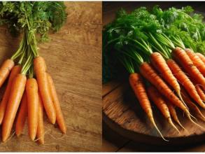 Two images of carrots sit side by side. The image of the left, which shows a bunch of carrots with tops still attached, is taken by a person. The image on the right, which is those same carrots but enhanced, is created by AI